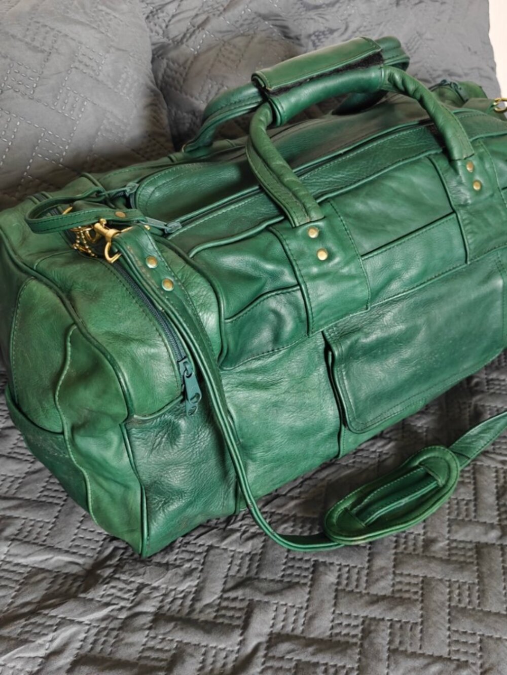 100 percent leather green duffel